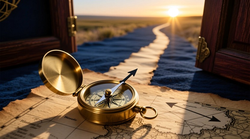 A brass compass sitting on a map with a golden sun setting over a horizon and a road stretching into the distance