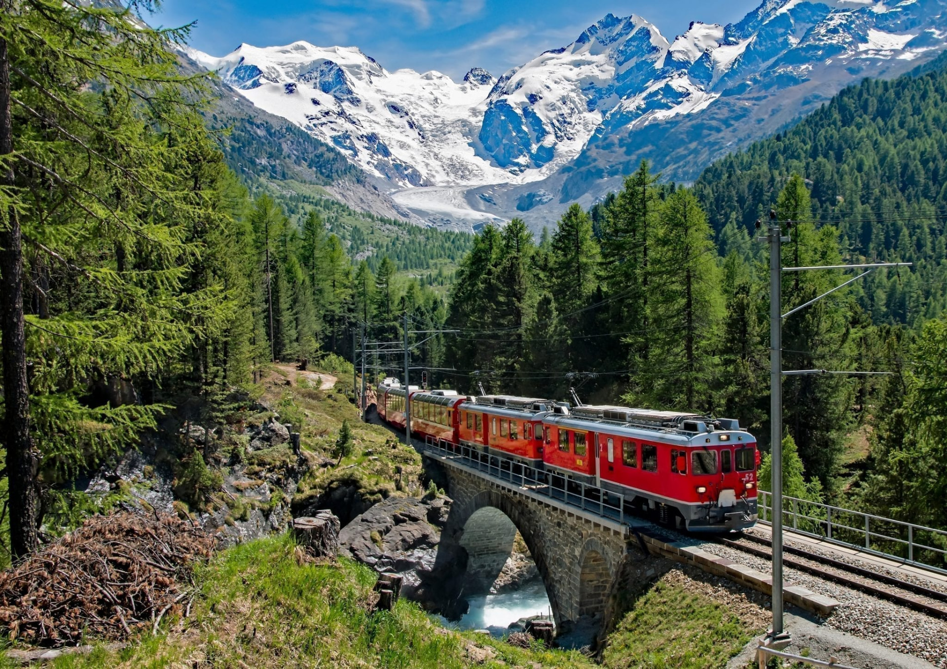 A red passenger train crossing a stone viaduct beneath snow-capped mountains