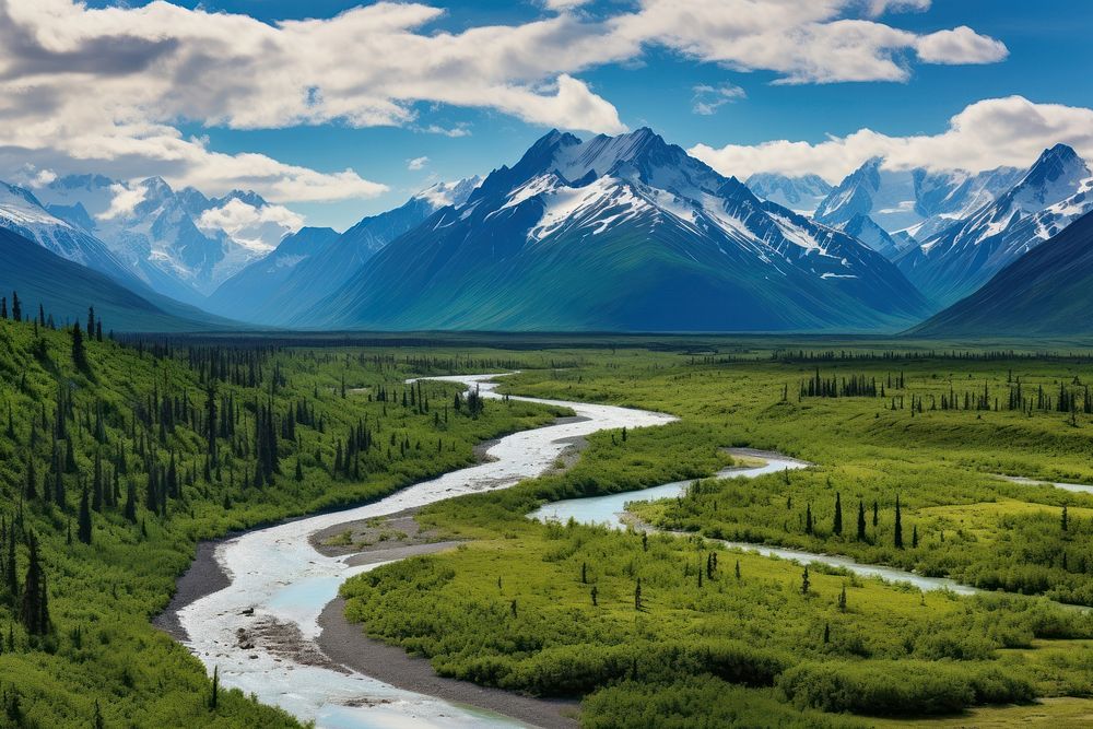 A river winding through a green Alaska valley toward snow-capped mountains