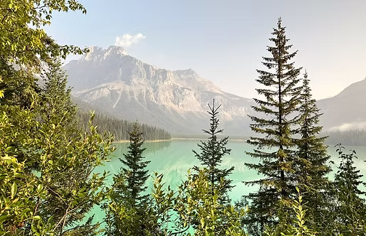 Mountains and turquoise water along the Icefields Parkway in the Canadian Rockies